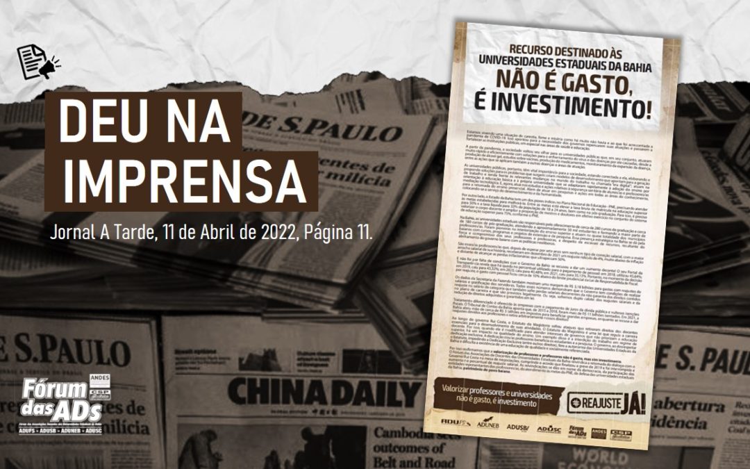 Fórum das ADs defende reajuste salarial em nota no Jornal A Tarde